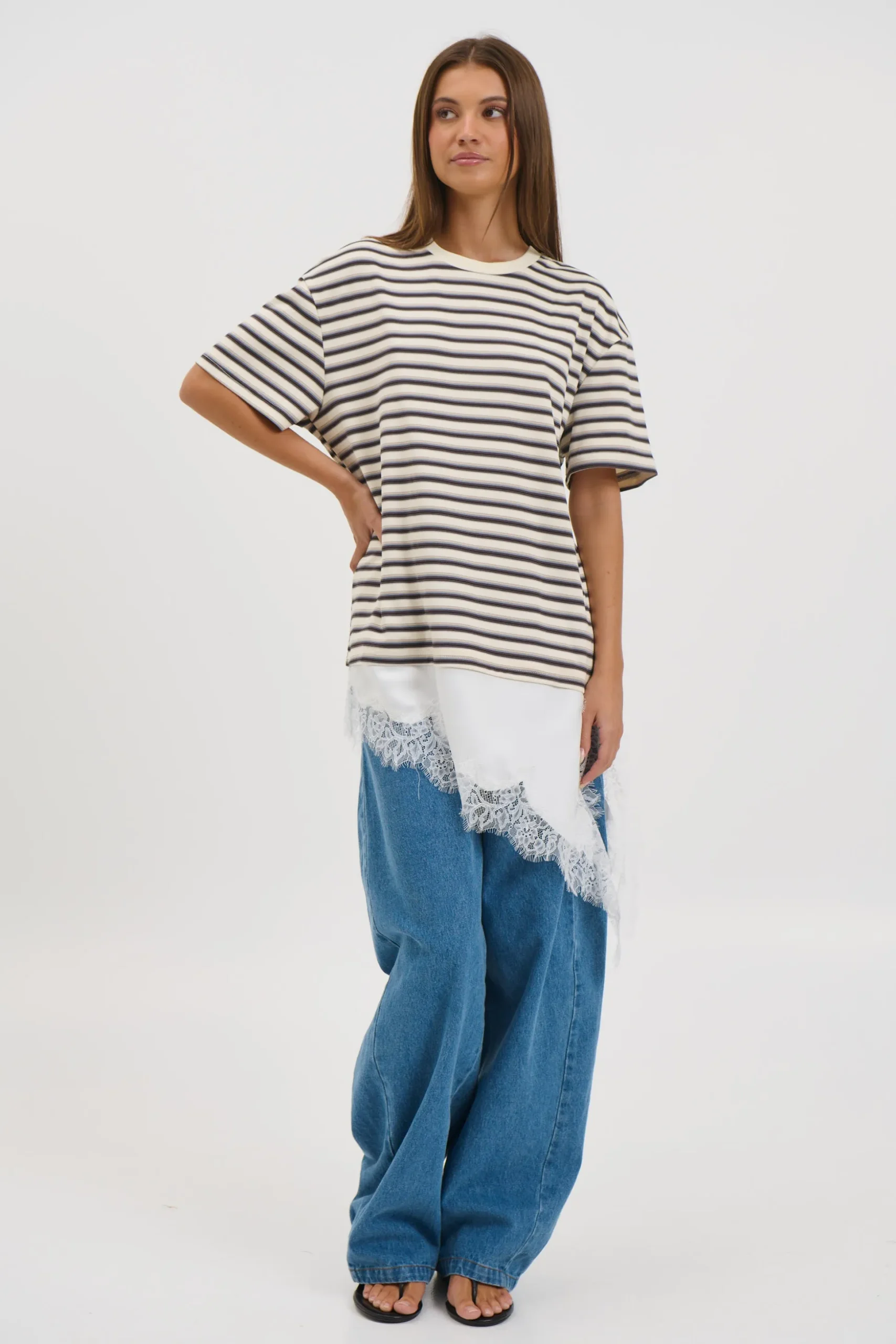 Miranda Lace Tee Cream Stripe