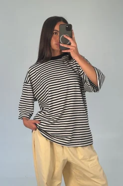 Unisex Lesley Stripe Crew Tee Black