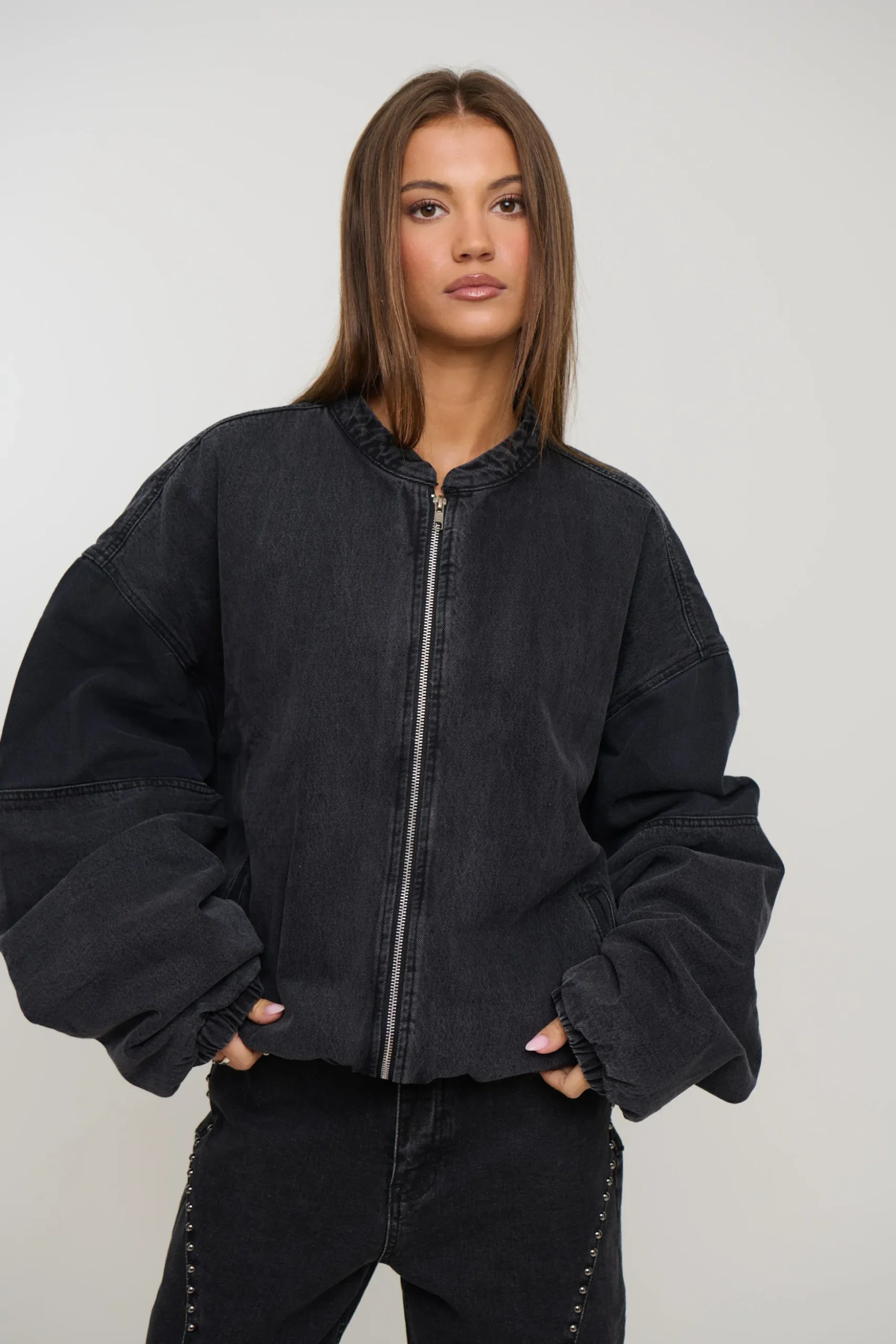 Unisex Panelled Denim Bomber Black