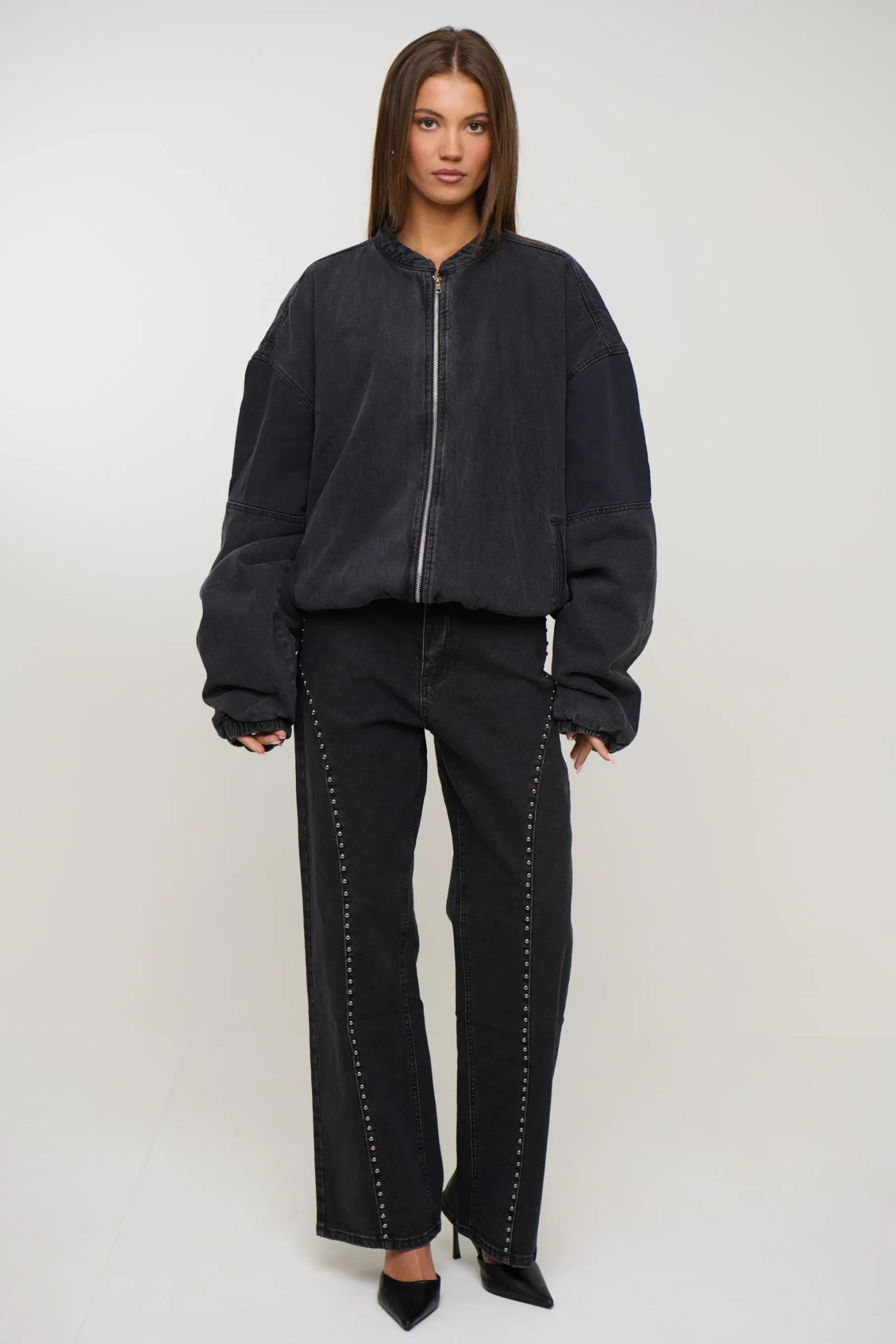 Unisex Panelled Denim Bomber Black